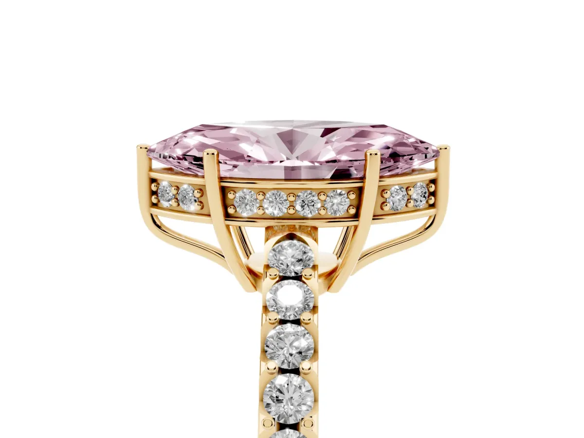 Fancy Pink Marquise Cut Solitaire Diamond Engagement Ring with Pavé Band and Six-Prong Setting Yellow gold