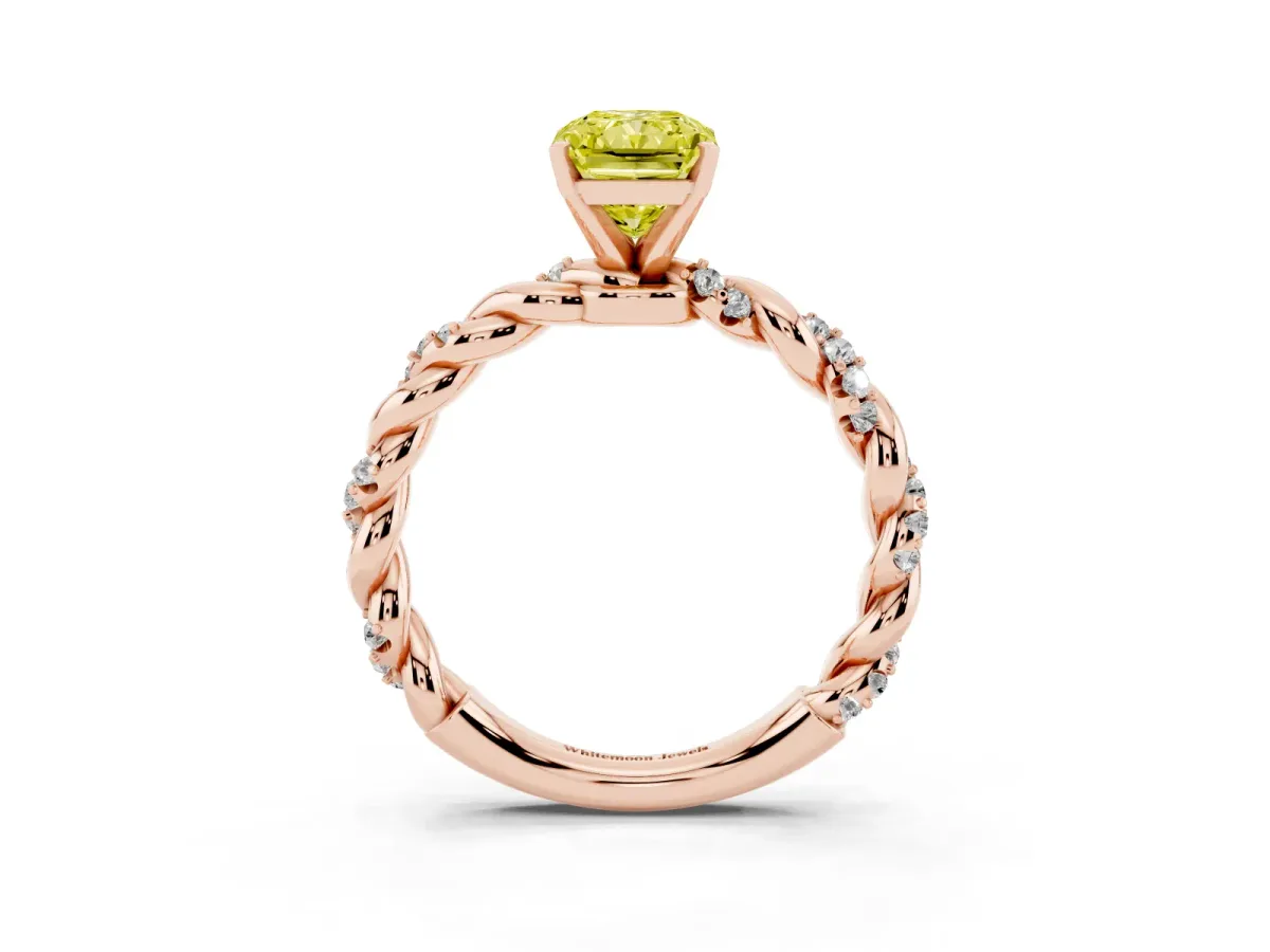 Fancy Yellow Radiant Cut Diamond Solitaire Ring with Twisted Band and Pavé Accents Rose gold