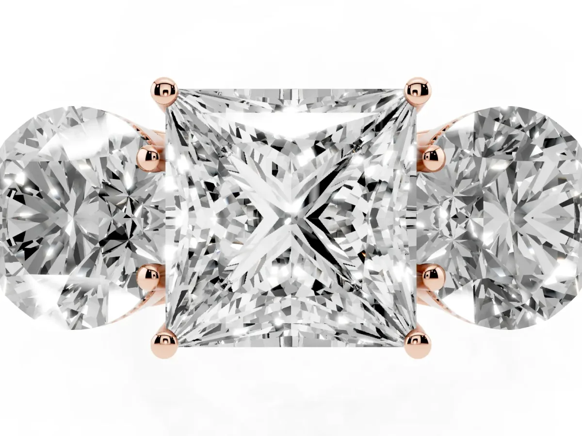 Three-Stone Princess Cut Diamond Engagement Ring with Prong Setting on a Classic Band Rose gold