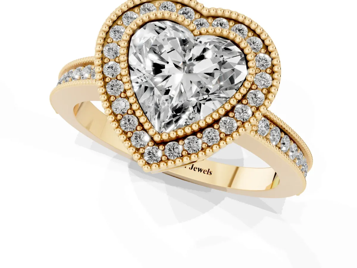 Heart Cut Cut Halo Diamond Ring with Pavé Band and Milgrain Prong Setting Yellow gold