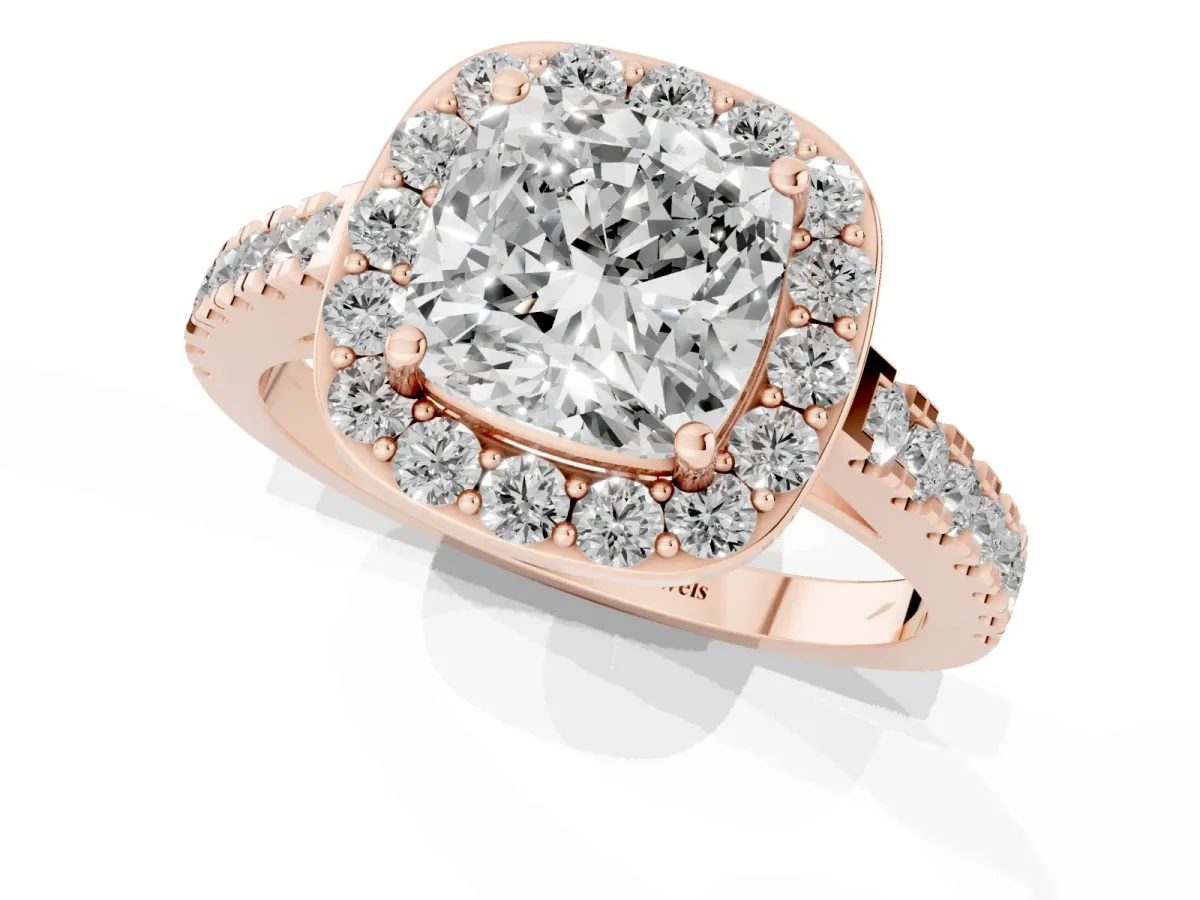 Cushion Cut Diamond Halo Ring with Round Pavé Split Shank and Prong Setting Rose gold