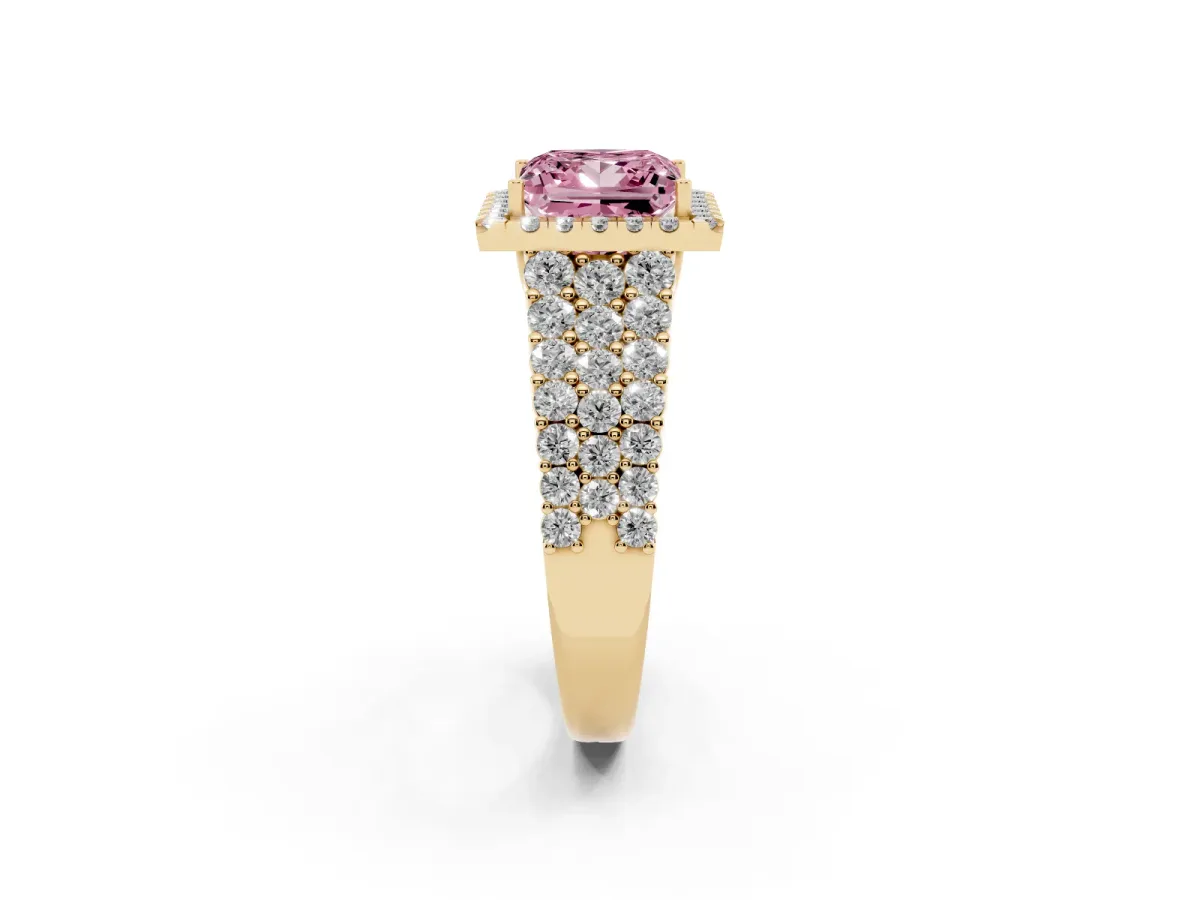 Fancy Pink Princess Cut Diamond Halo Engagement Ring with Triple Row Round Pavé Band and Prong Setting Yellow gold