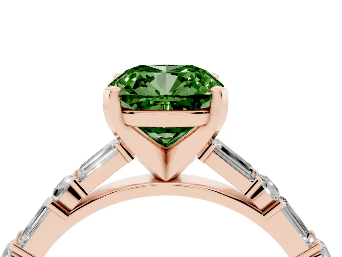Fancy Green Cushion Cut Diamond Solitaire with Side Baguettes and Channel Set Band Rose gold