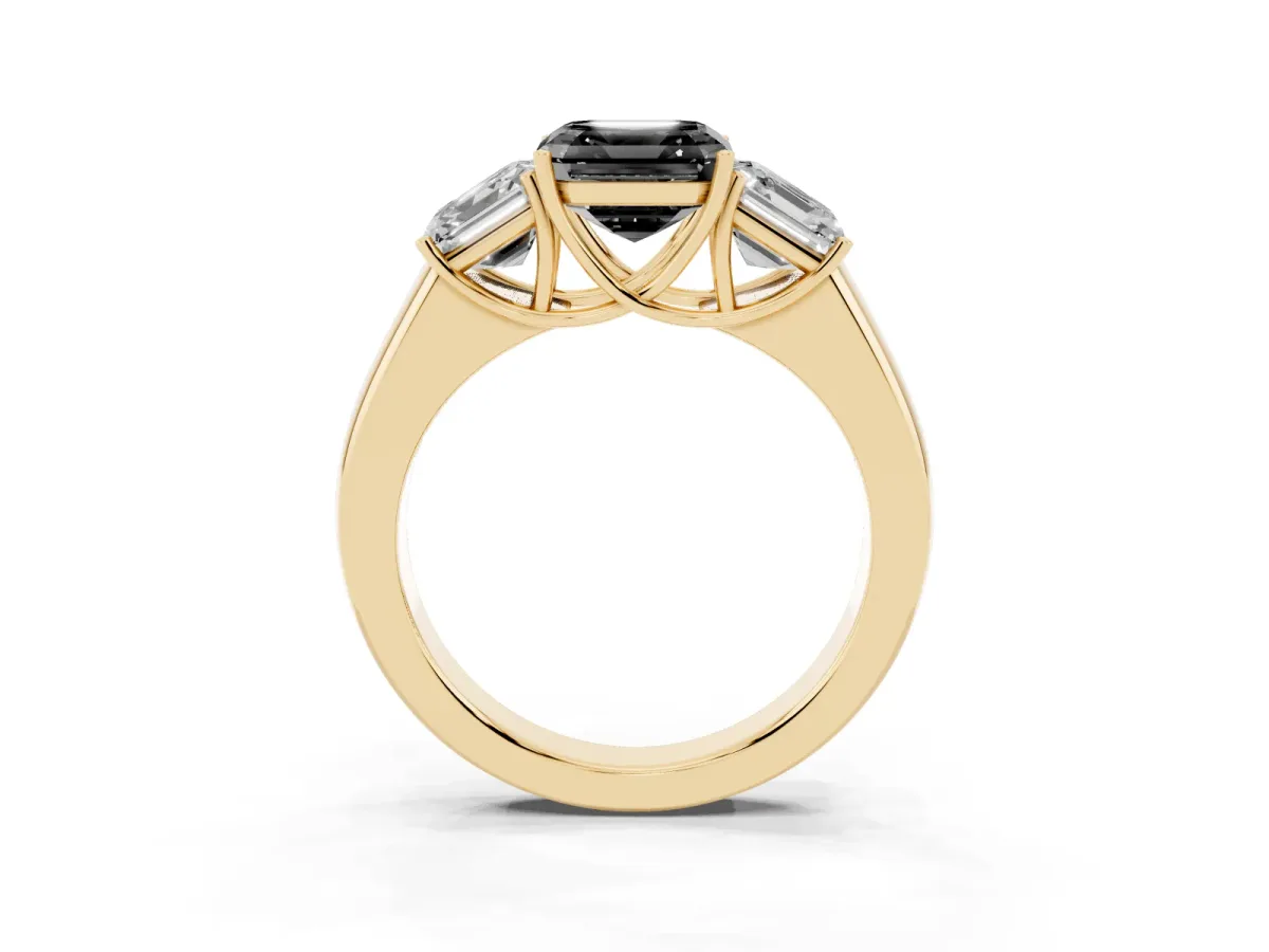 Fancy Black Three-Stone Asscher Cut Cut Diamond Ring with Prong Setting and Classic Band Yellow gold