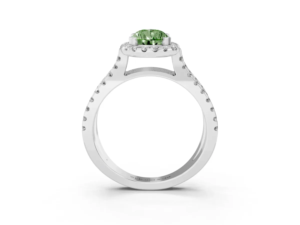 Fancy Green Pear Cut Diamond Halo Ring with Split Shank Pavé Band and Prong Setting Silver