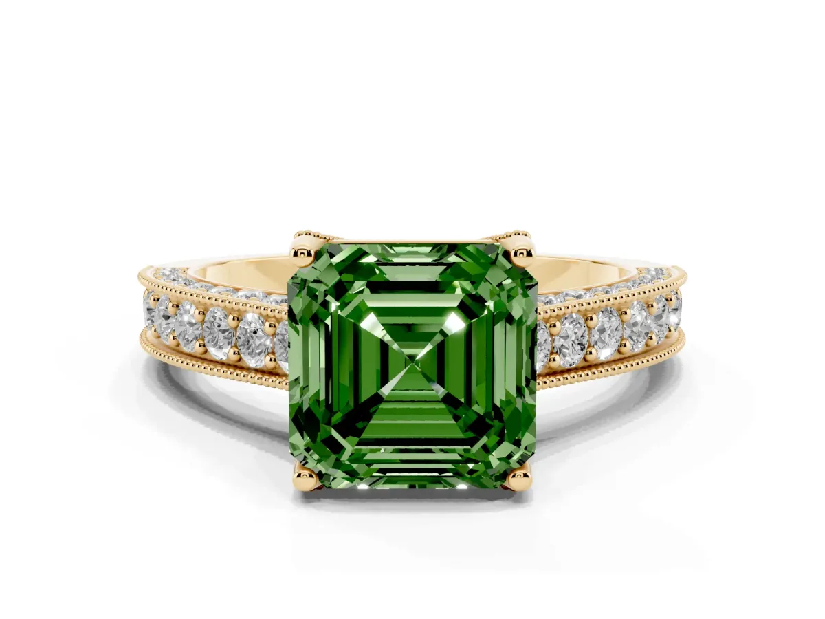 Fancy Green Asscher Cut Cut Diamond Solitaire Ring with Milgrain Pave Band and Four Prong Setting Yellow gold