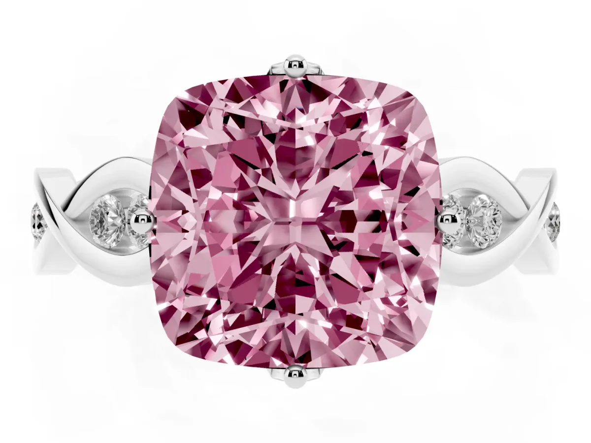 Fancy Pink Cushion Cut Solitaire Twist Band with Leaf Prong Setting Platinum