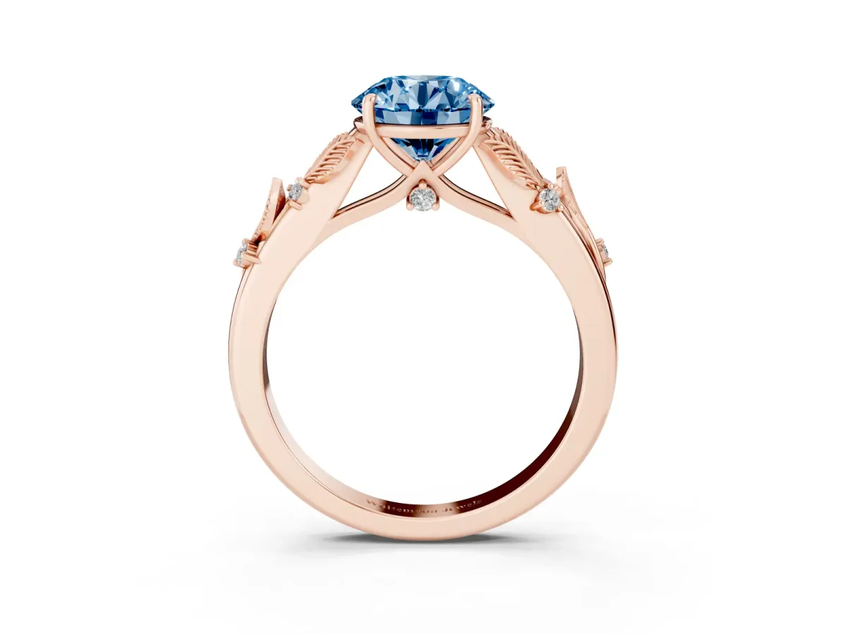 Fancy Blue Round Cut Diamond Solitaire Ring with Leaf Motif Band and Four-Prong Setting Rose gold