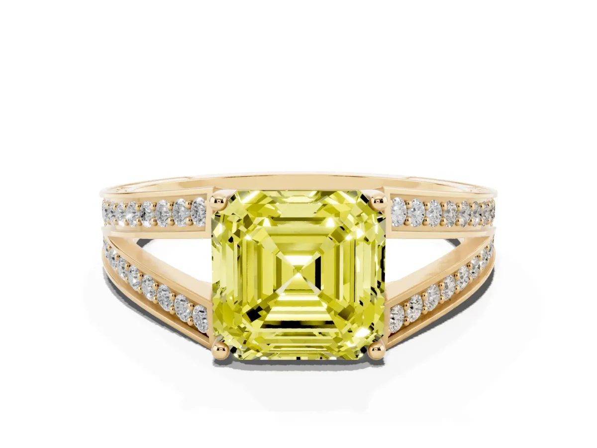 Fancy Yellow Asscher Cut Diamond Split Shank Ring with Pavé Band and Four-Prong Setting Yellow gold