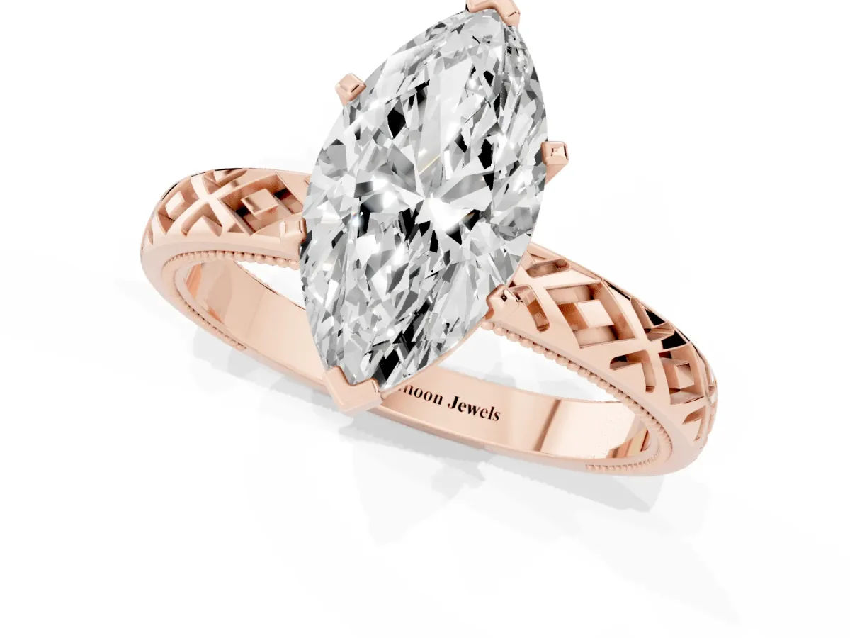 Marquise Cut Solitaire Diamond Ring with Milgrain and Black Enamel X Pattern Band Rose gold