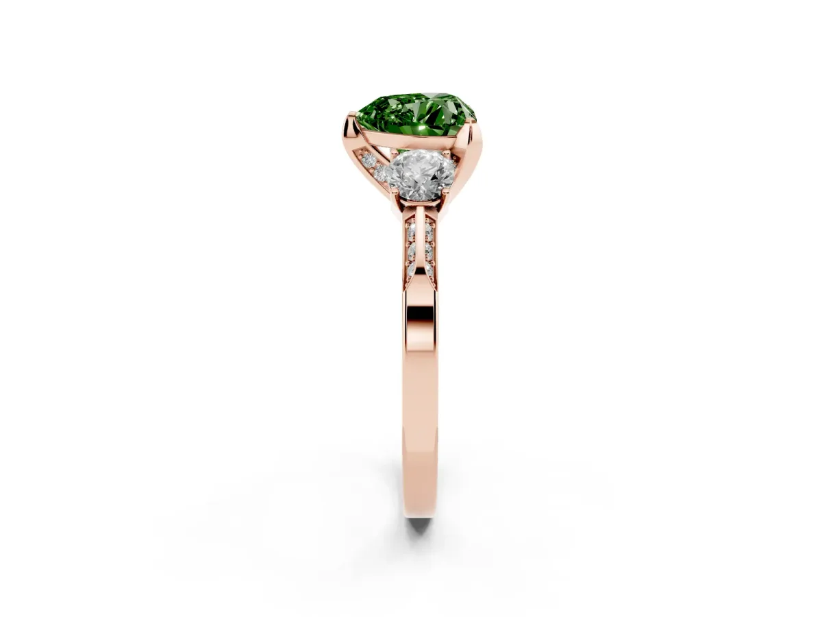 Fancy Green Heart Cut Brilliant Three-Stone Diamond Ring with Pavé Band and Four-Prong Setting Rose gold