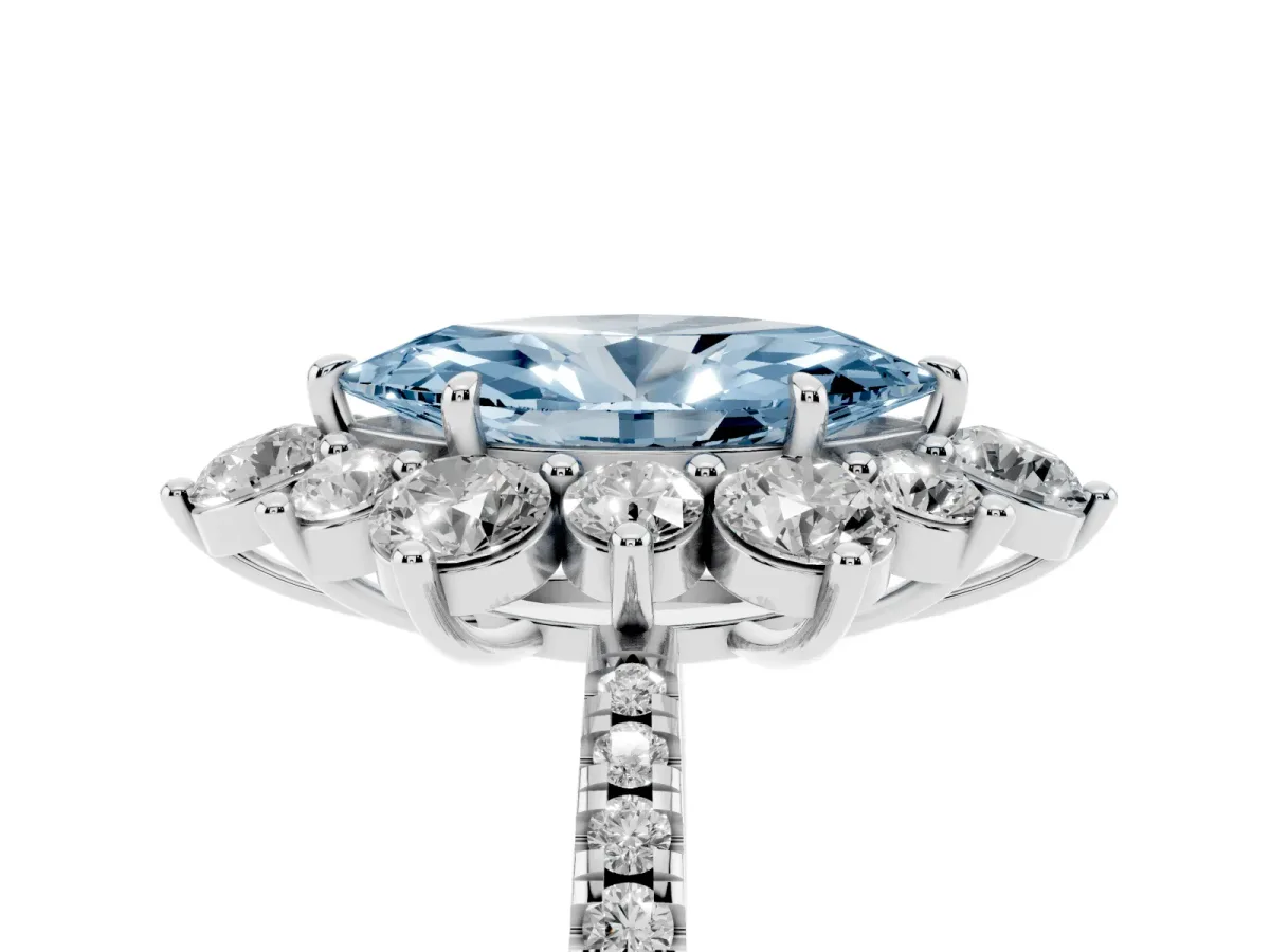 Fancy Blue Marquise Cut Diamond Floral Halo Ring with Round Pavé Band and Prong Setting White gold