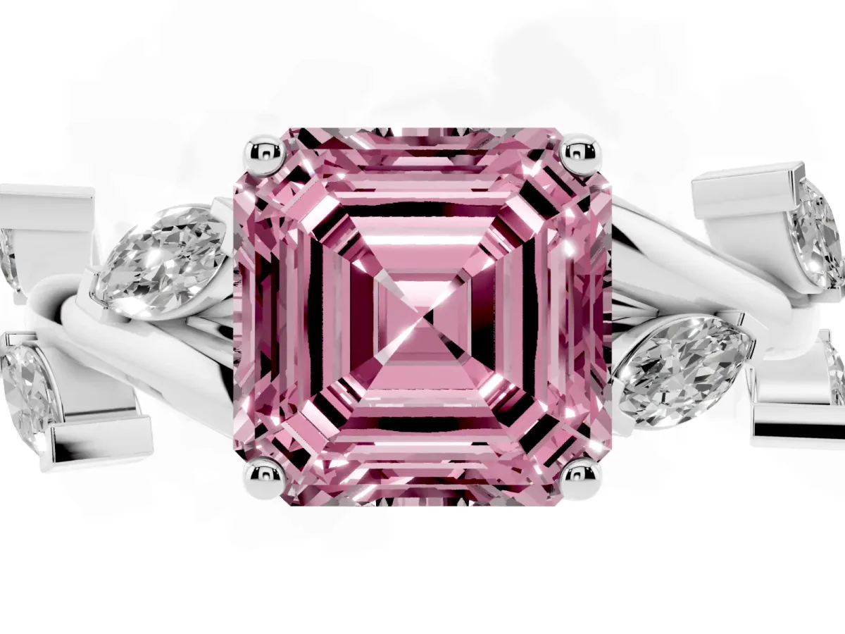 Fancy Pink Asscher Cut Solitaire Twisted Band Marquise Accent Prong Setting Ring Silver