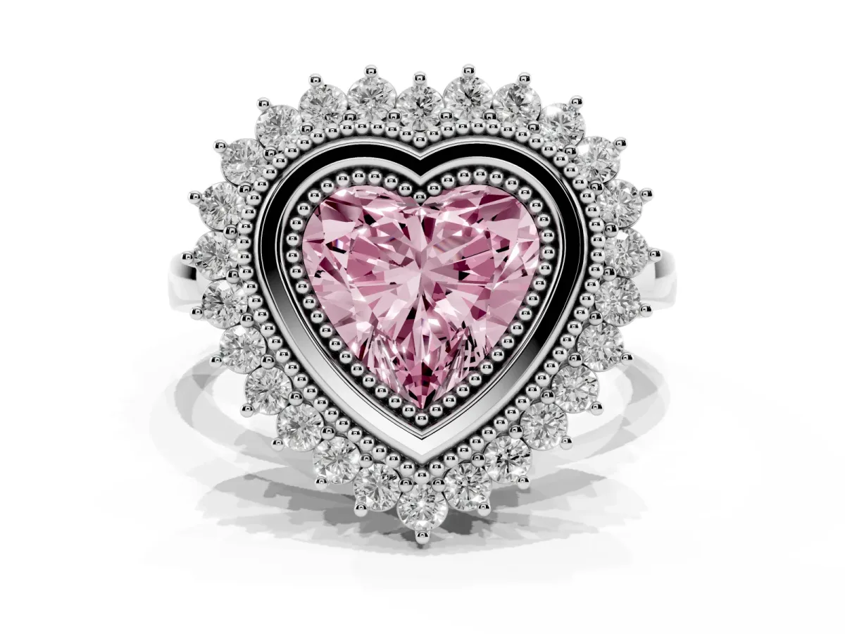 Fancy Pink Heart Cut Halo Diamond Ring with Milgrain Edge and Round Prong Setting Silver