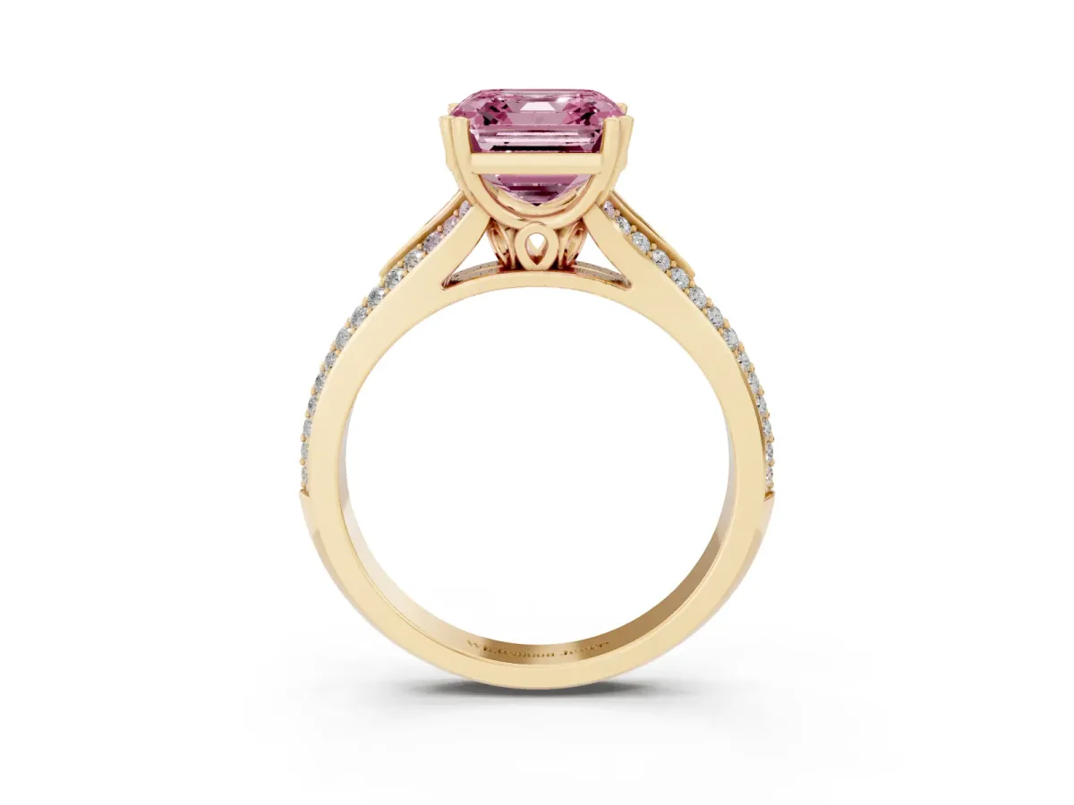 Fancy Pink Asscher Cut Diamond Split Shank Engagement Ring with Pavé Band Yellow gold