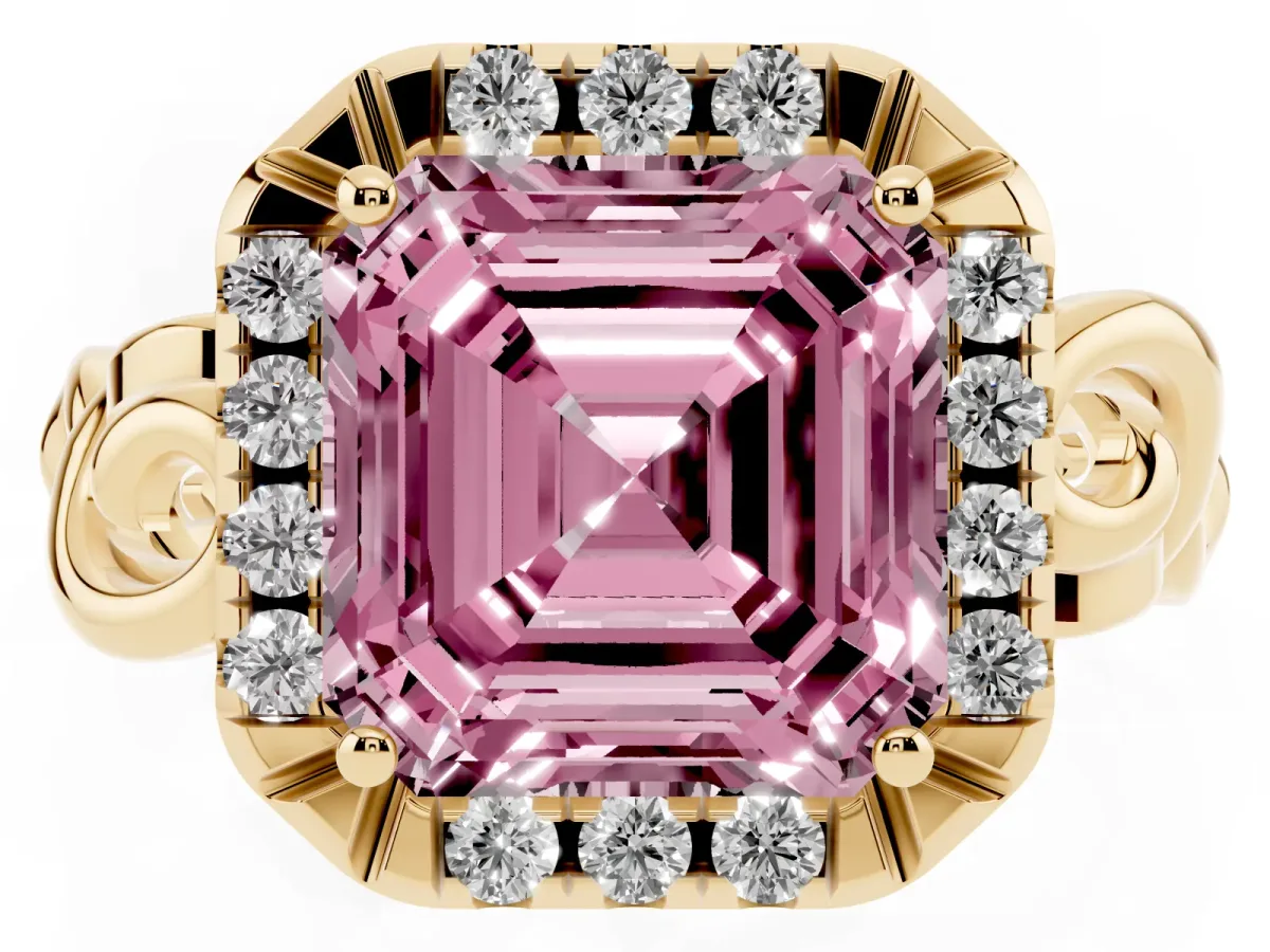 Fancy Pink Asscher Cut Cut Halo Diamond Ring with Scrollwork Band and Four-Prong Setting Yellow gold