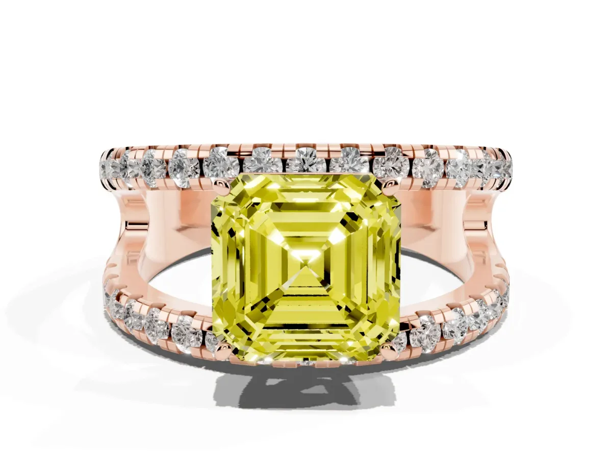 Fancy Yellow Asscher Cut Solitaire Split Shank Pave Diamond Ring Rose gold