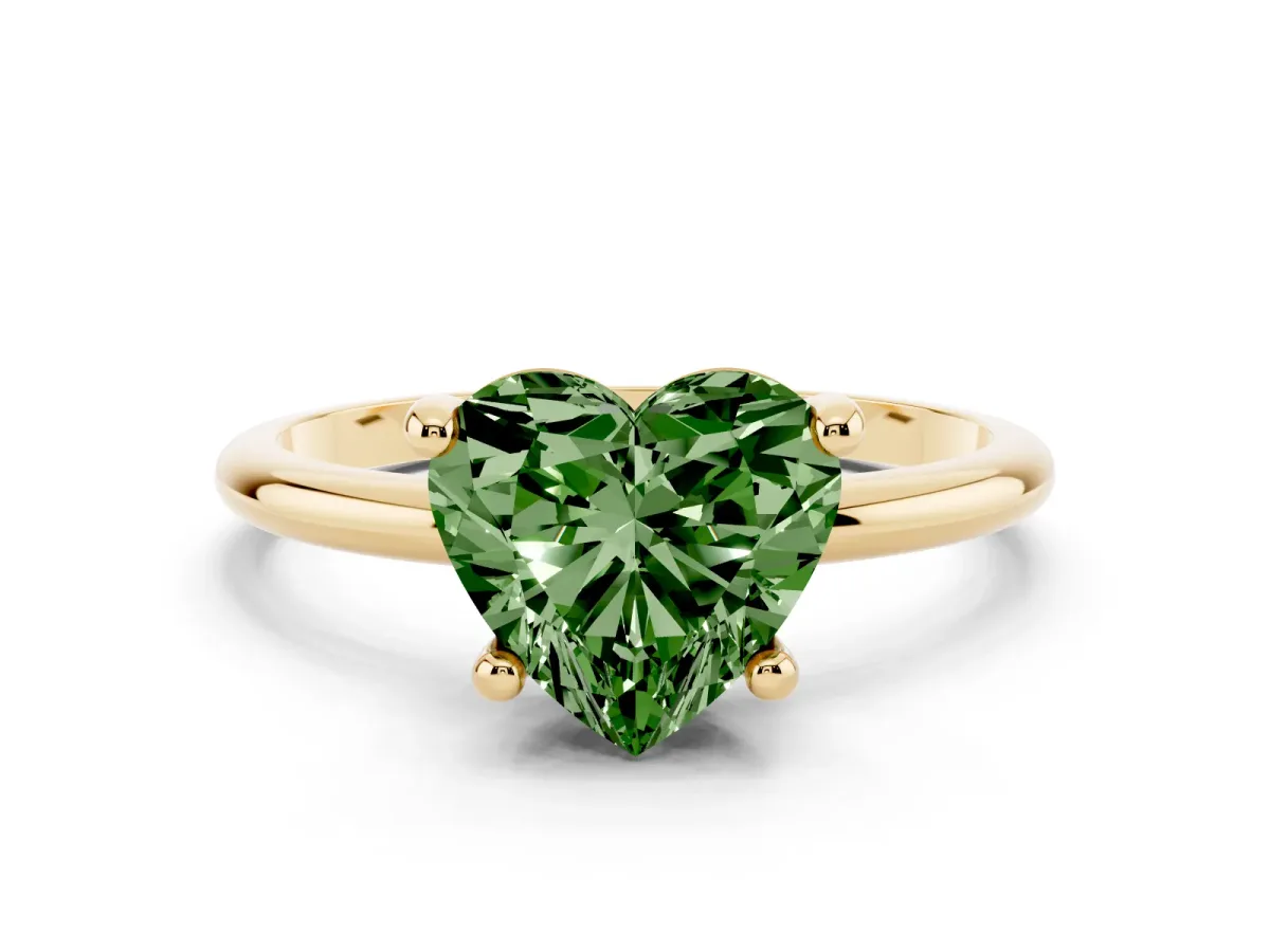 Fancy Green Heart Cut Solitaire Diamond Ring with 4-Prong Setting on a Classic Band Yellow gold