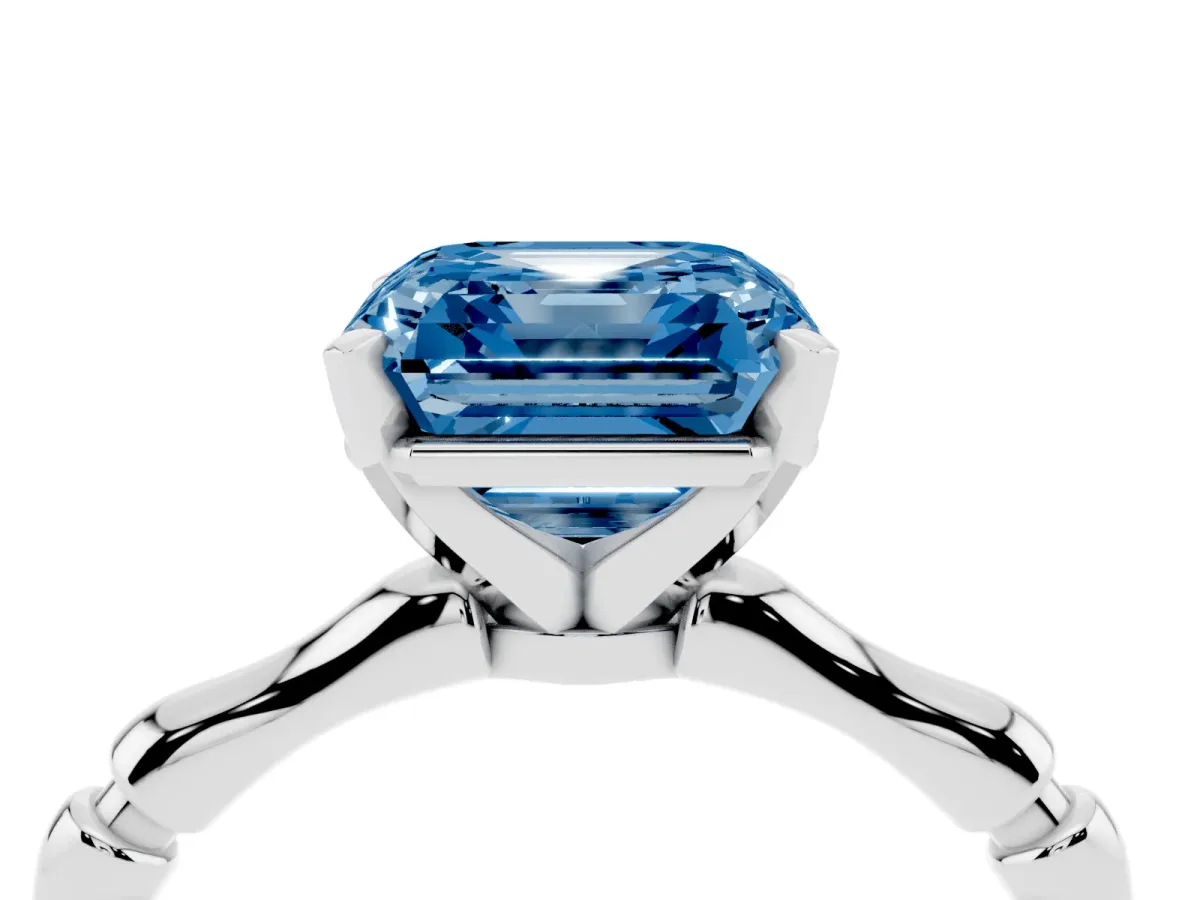 Fancy Blue Asscher Cut Solitaire Diamond Ring with Bamboo Band and Four-Prong Setting Platinum