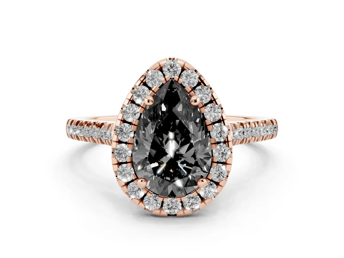 Fancy Black Pear Cut Diamond Cushion Halo Ring with Pavé Band Rose gold