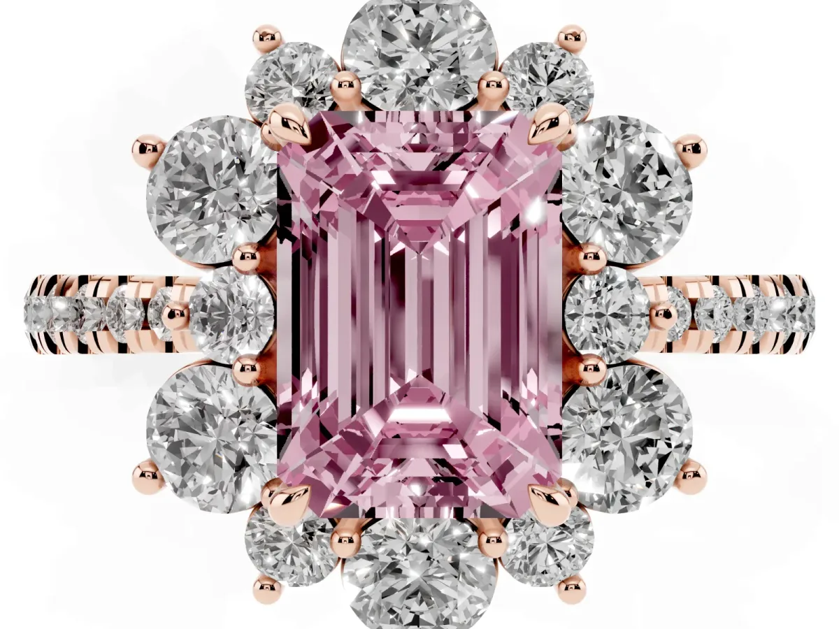 Fancy Pink Emerald Cut Diamond Floral Halo Ring with Round Pavé Band and Prong Setting Rose gold