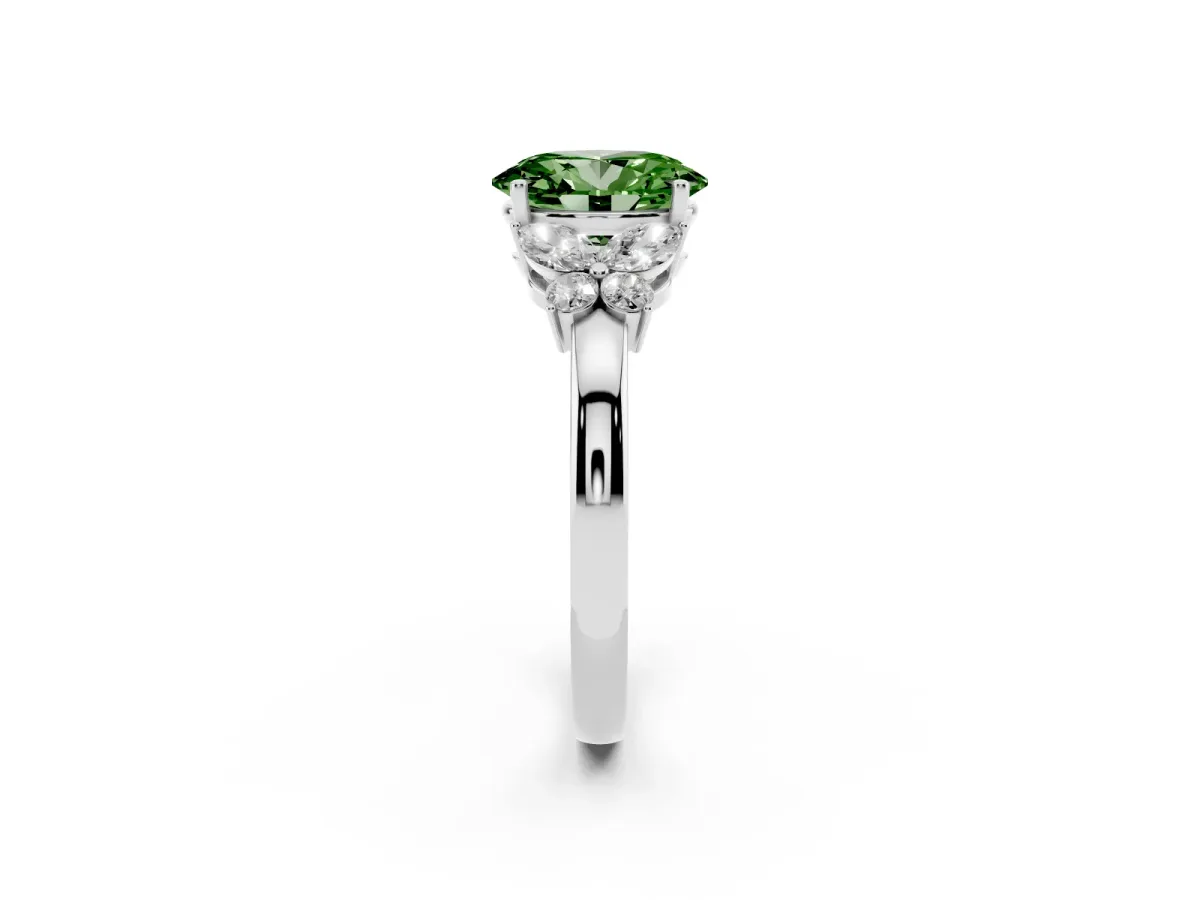 Fancy Green Oval Cut Cut Solitaire Floral Diamond Ring with Four-Prong Setting Platinum