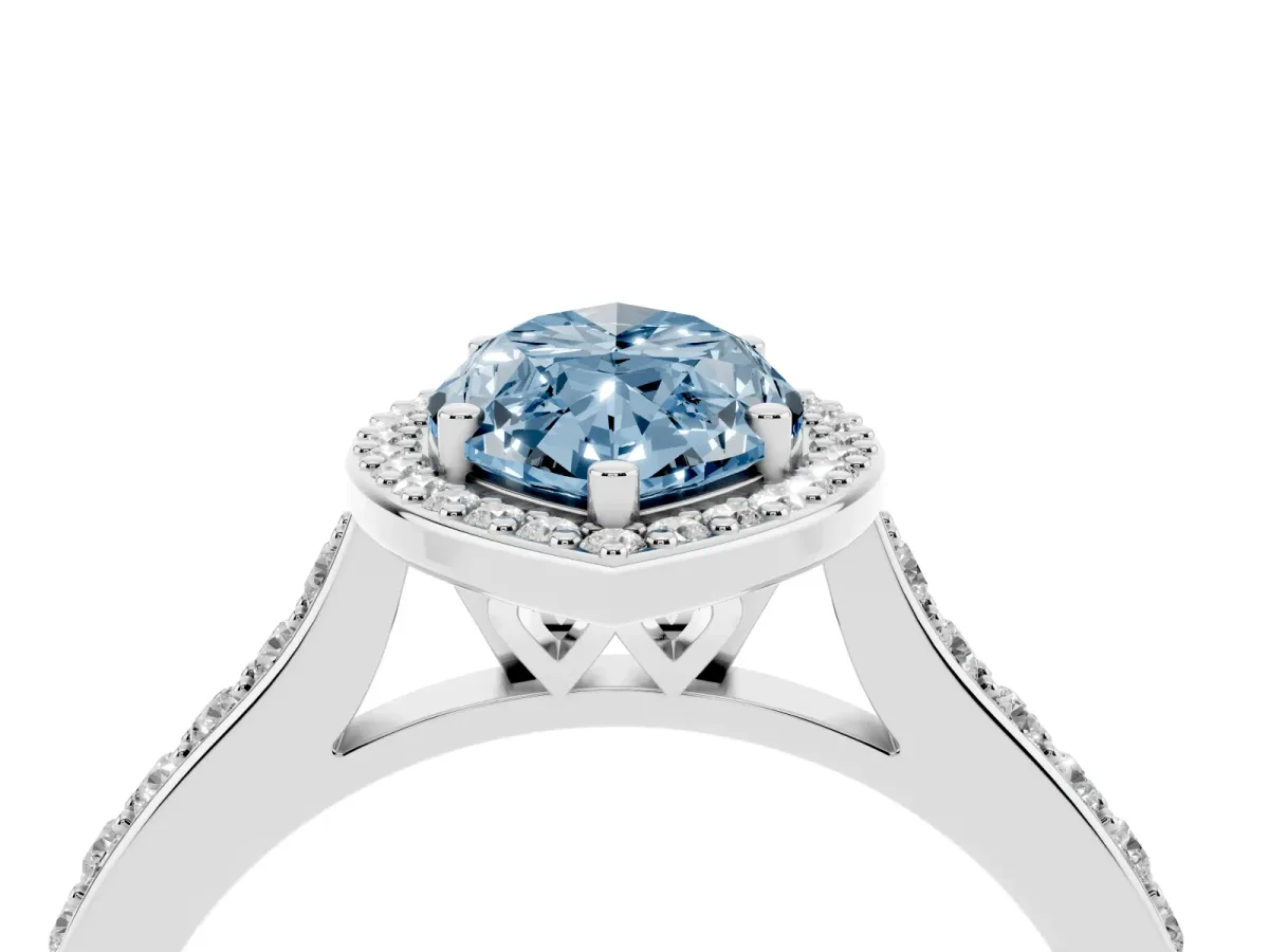 Fancy Blue Marquise Cut Diamond Halo Engagement Ring with Round Pavé Shoulders and Prong Setting Silver