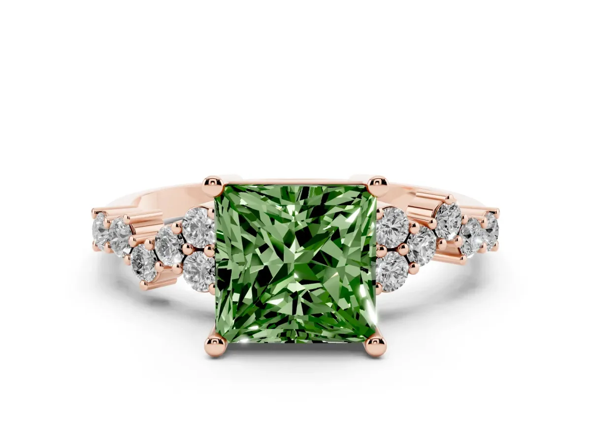 Fancy Green Princess Cut Diamond Scattered Round Accent Ring with Prong Setting Rose gold