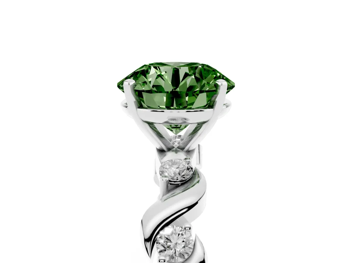 Fancy Green Round Cut Diamond Solitaire Twisted Band with Round Accents and Prong Setting Silver