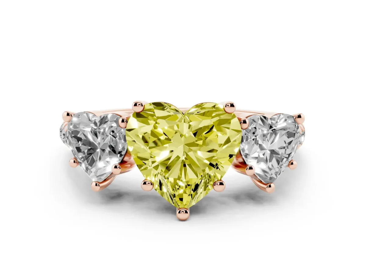 Fancy Yellow Three-Stone Heart Cut Diamond Ring with Round Pavé Band and Prong Setting Rose gold