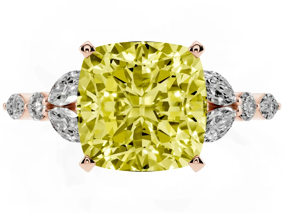 Fancy Yellow Cushion Cut Diamond Solitaire Ring with Side Stones and Four-Prong Setting Rose gold