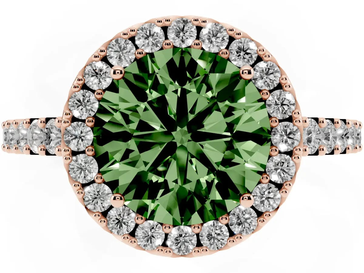 Fancy Green Round Cut Halo Diamond Pavé Solitaire Ring Rose gold