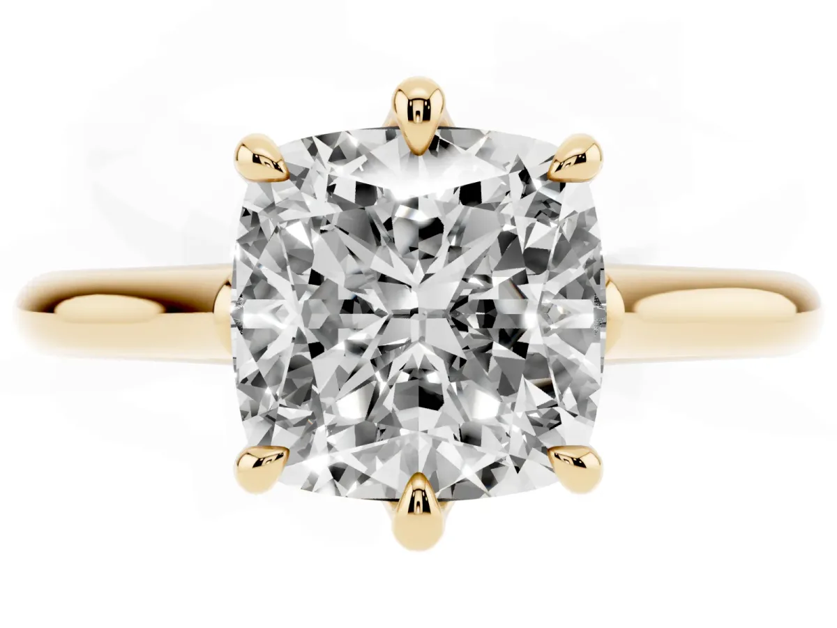 Cushion Cut Solitaire Engagement Ring with Six-Prong Setting and Classic Band Yellow gold