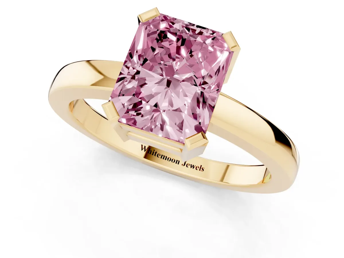 Fancy Pink Radiant Cut Cut Solitaire Ring with Four-Prong Setting and Classic Band Yellow gold