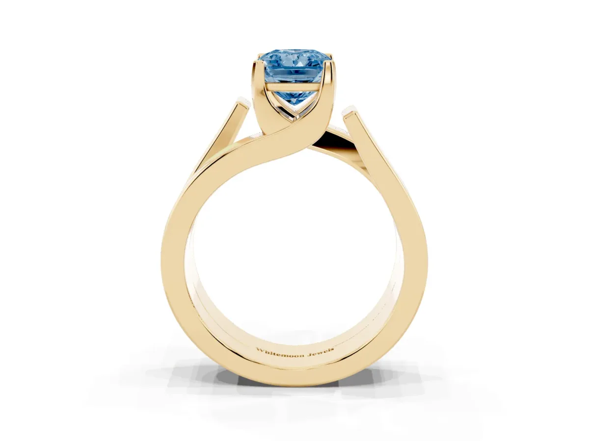 Fancy Blue Modern Tension Set Radiant Cut Diamond Solitaire Wide Band Ring Yellow gold
