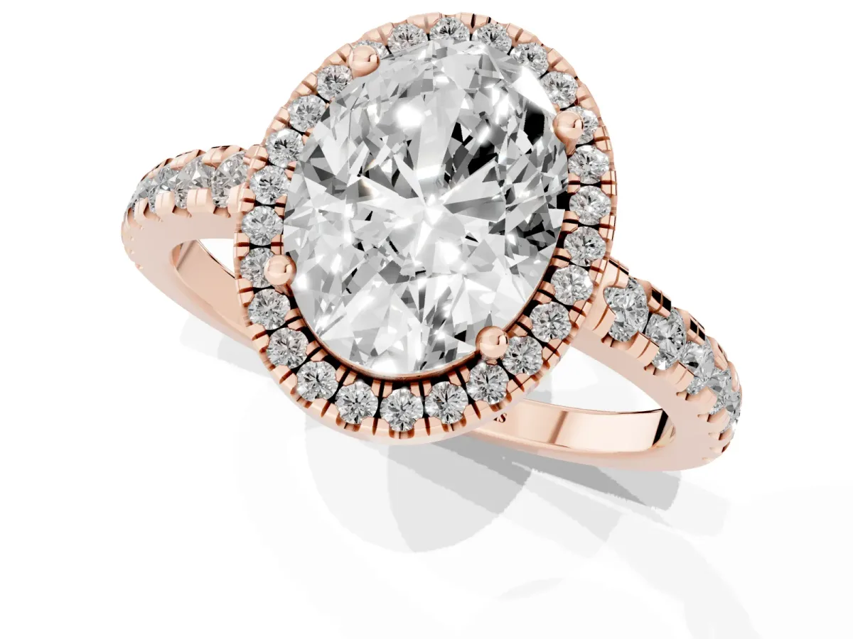 Oval Cut Diamond Halo Ring with Pavé Band and Four-Prong Setting Rose gold
