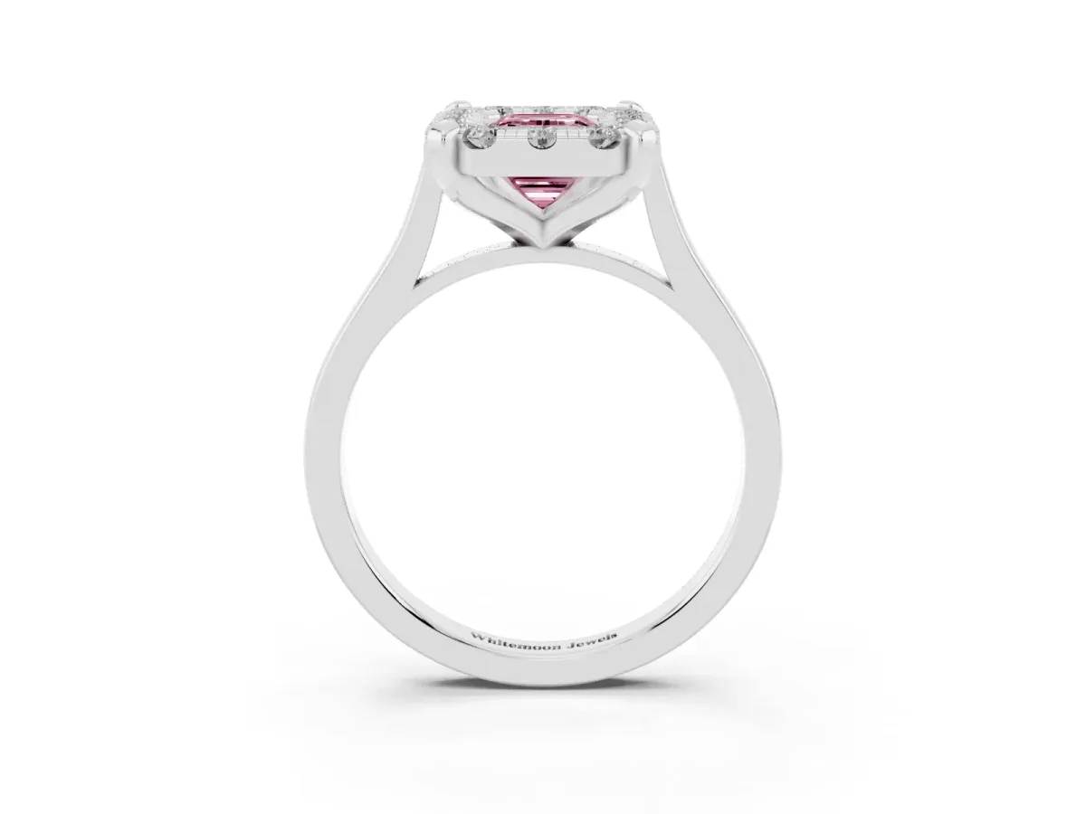 Fancy Pink Emerald Cut Diamond Cluster Halo Solitaire with Four-Prong Setting Silver