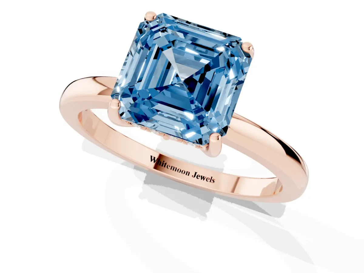 Fancy Blue Asscher Cut Solitaire Diamond Ring with Prong Setting and Plain Band Rose gold