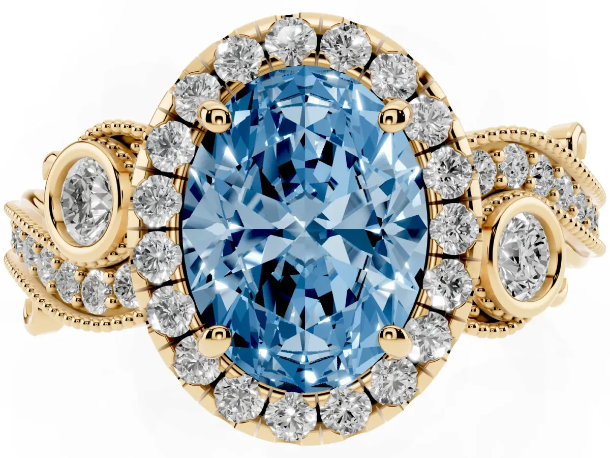 Fancy Blue Oval Cut Diamond Halo Ring with Milgrain Pavé Band and Four-Prong Setting Yellow gold