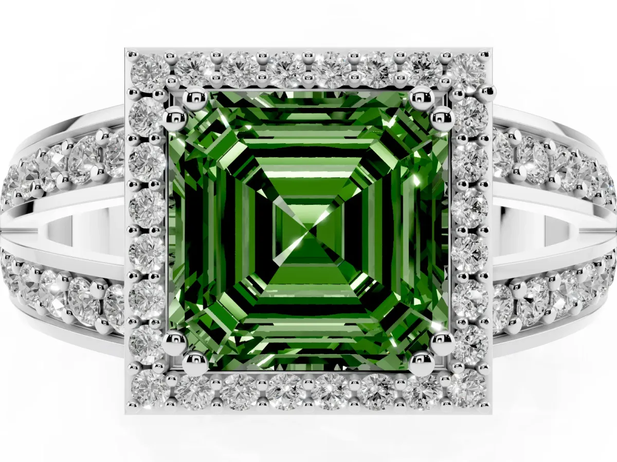 Fancy Green Asscher Cut Diamond Halo Ring with Split Shank Pavé Band and Four-Prong Setting Platinum
