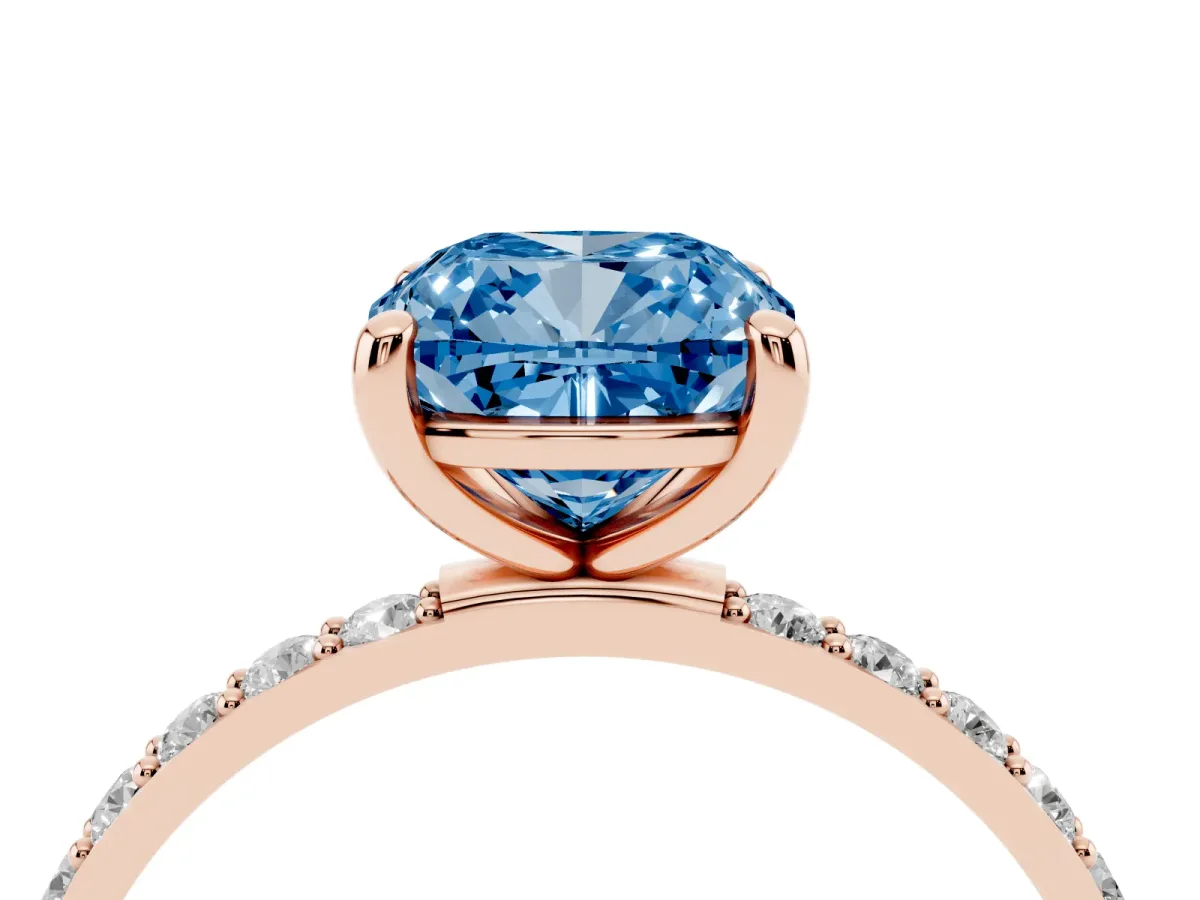 Fancy Blue Cushion Cut Diamond Solitaire Ring with Round Pavé Band and Prong Setting Rose gold