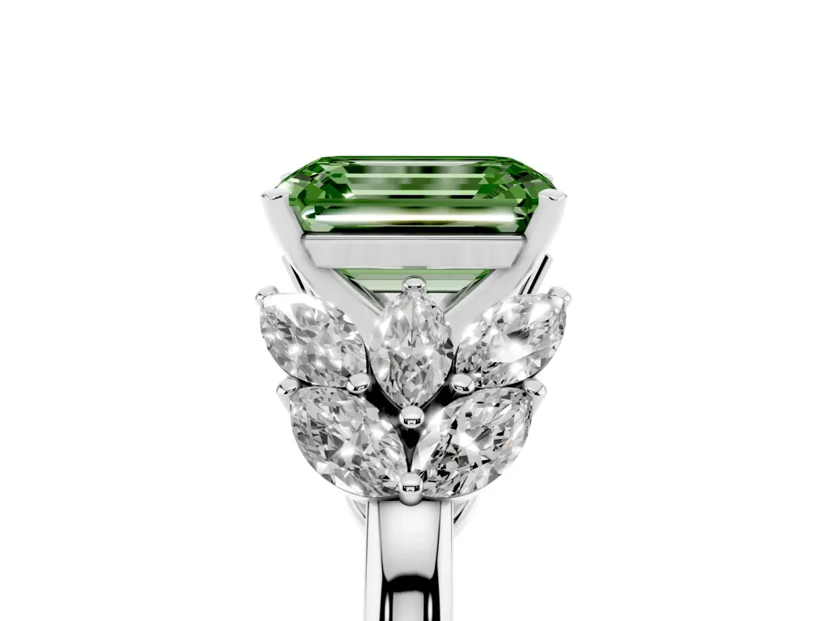 Fancy Green Emerald Cut Diamond Cluster Leaf Design Ring with Prong Setting White gold