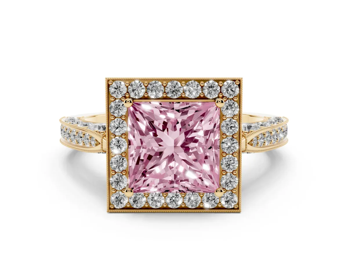 Fancy Pink Princess Cut Halo Diamond Engagement Ring with Split Shank Band and Four-Prong Setting Yellow gold