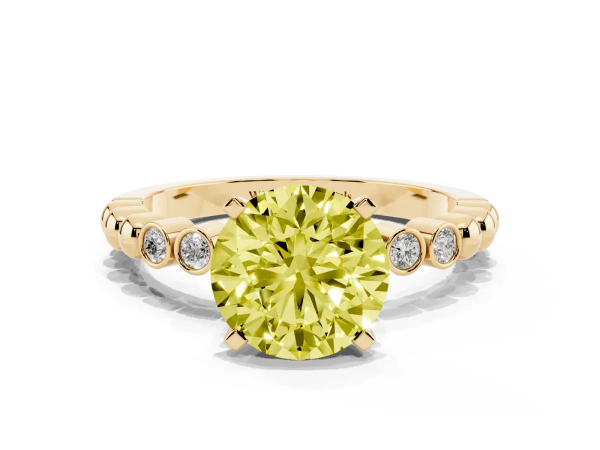Fancy Yellow Round Cut Solitaire Bezel Accent Diamond Engagement Ring with Beaded Band and Four-Prong Setting Yellow gold