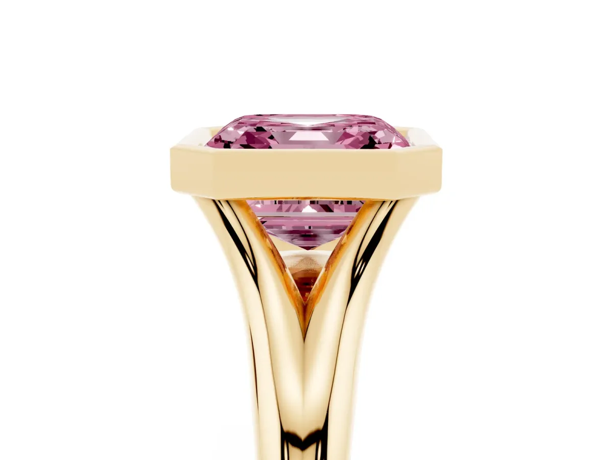 Fancy Pink Bezel Set Asscher Cut Solitaire Diamond Ring with Smooth Band Yellow gold