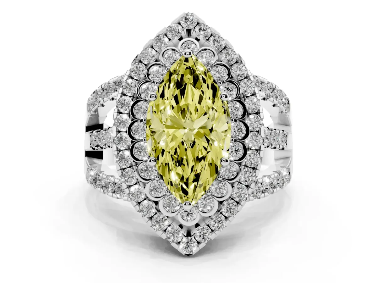 Fancy Yellow Marquise Cut Diamond Double Halo Ring with Round Pavé Split Shank and Prong Setting Silver