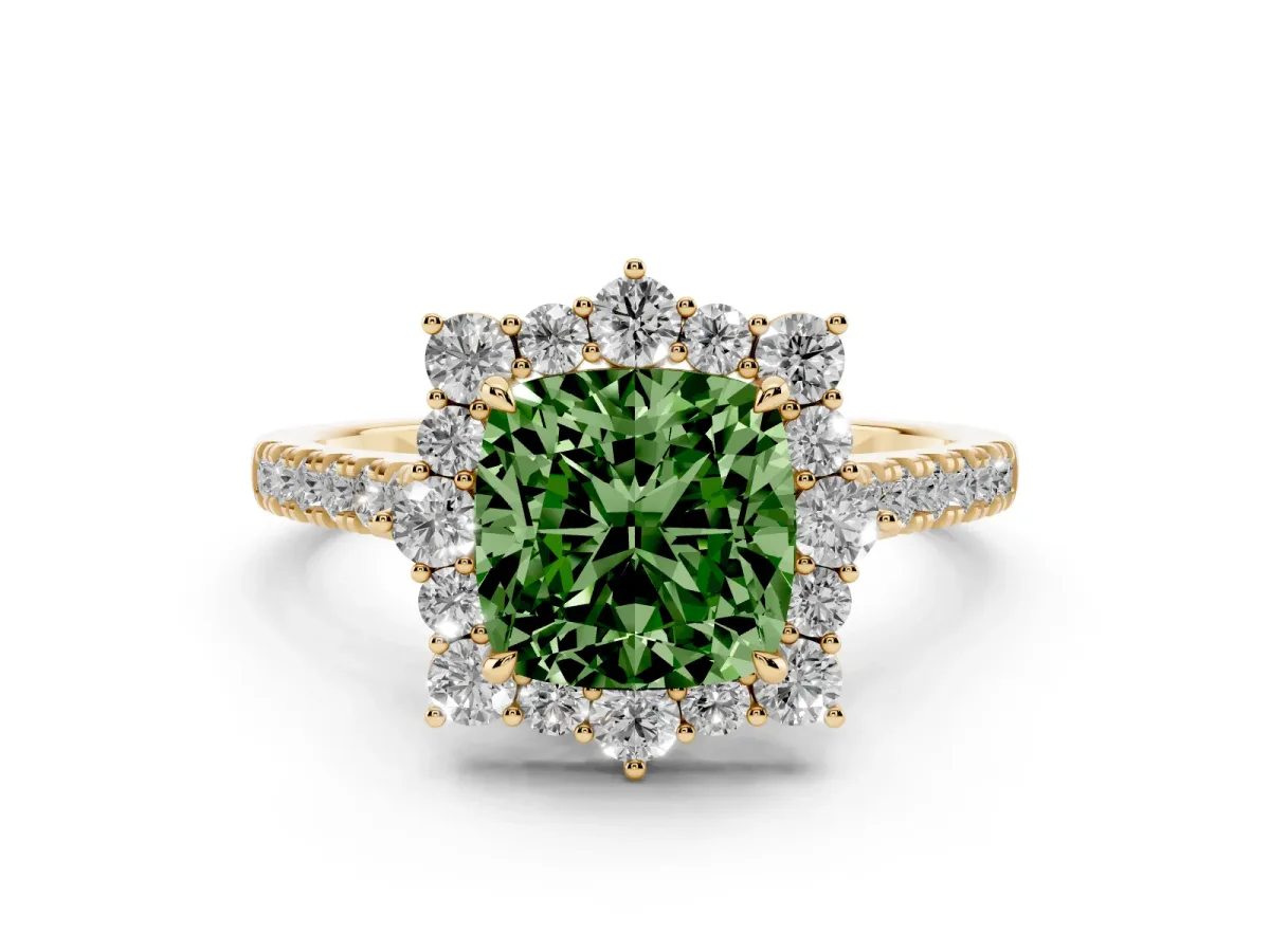 Fancy Green Cushion Cut Halo Diamond Ring with Pavé Band and Prong Setting Yellow gold