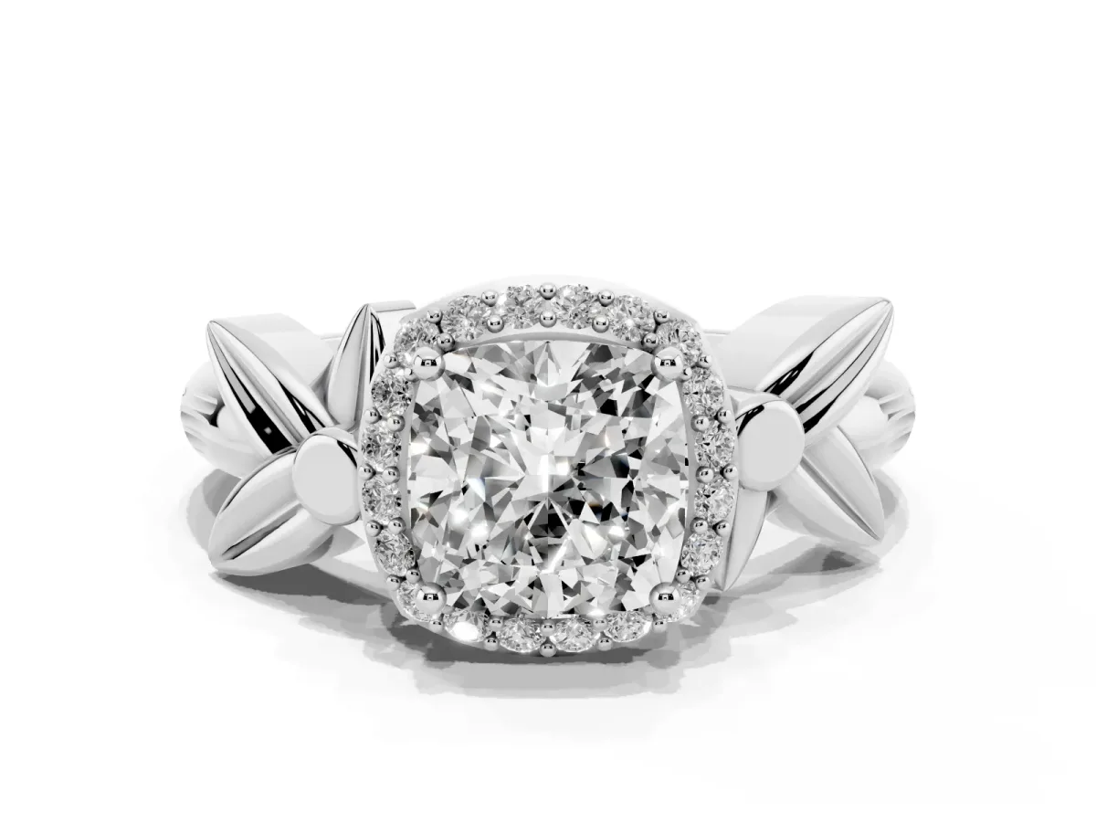 Cushion Cut Halo Diamond Floral Band with Four-Prong Setting White gold