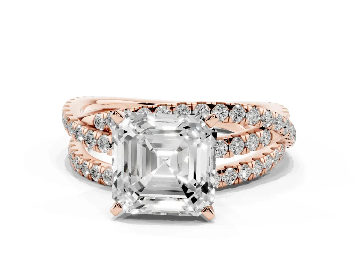 Asscher Cut Solitaire Twist Band with Pavé Setting and Four-Prong Setting Rose gold