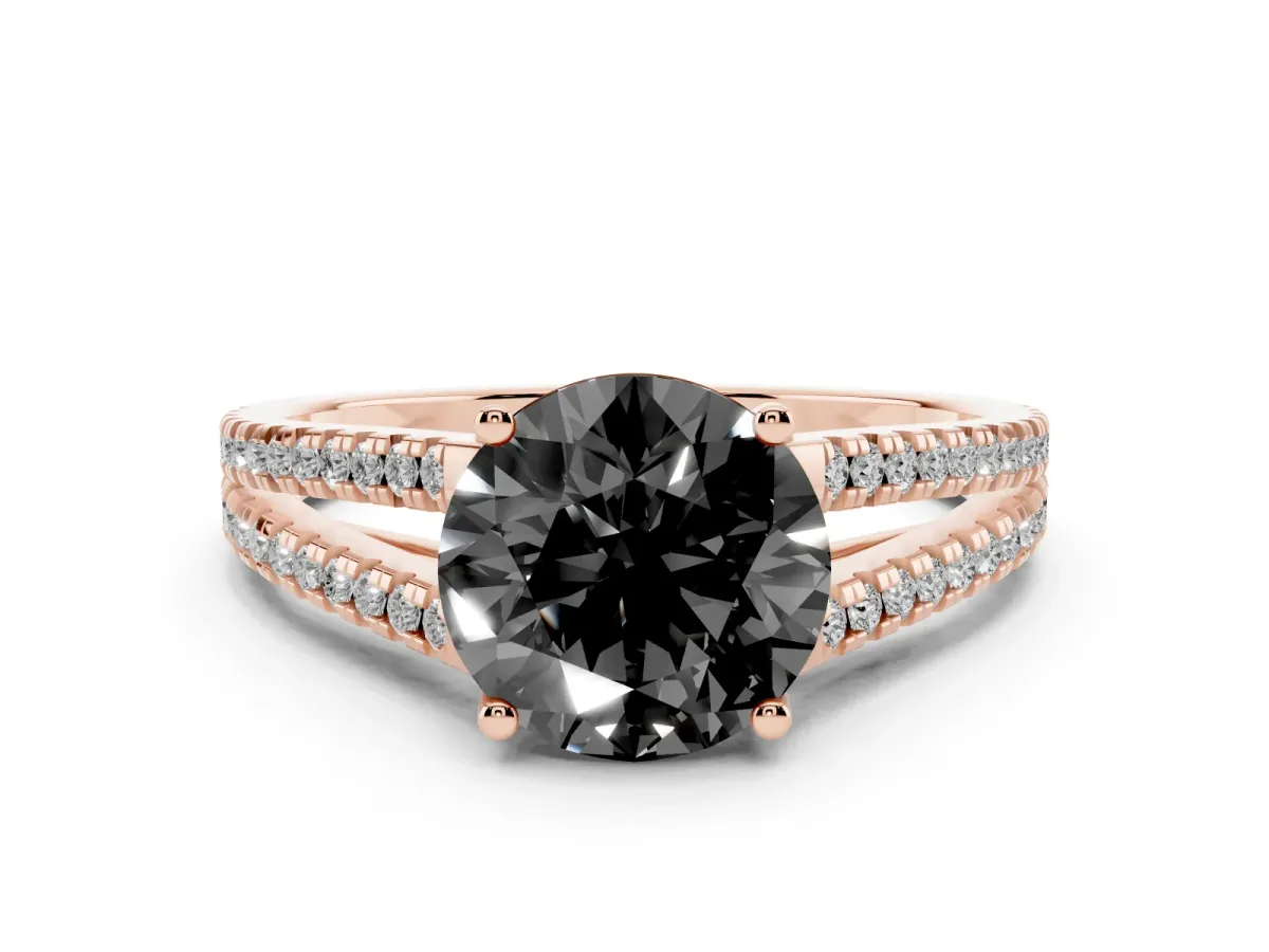 Fancy Black Round Cut Diamond Solitaire Engagement Ring with Split Shank Pavé Band Rose gold